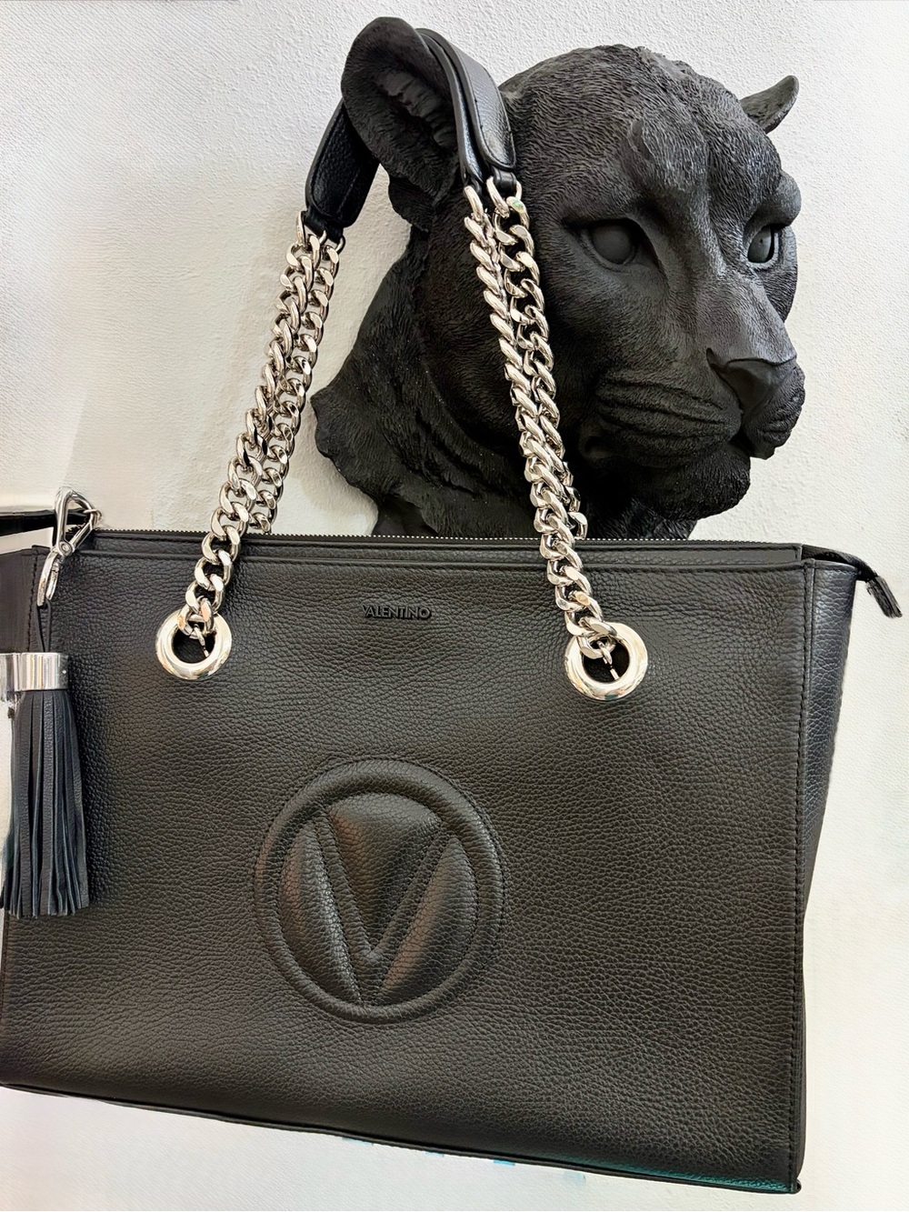Valentino Black Leather Shoulder Bag with Silver Chain Handles